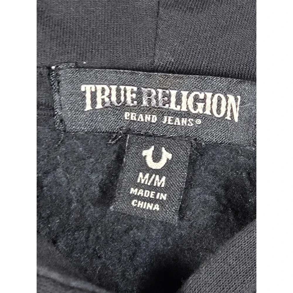 True Religion Hoodie Mens Medium Black Buddha Flocked Pullover Sweatshirt